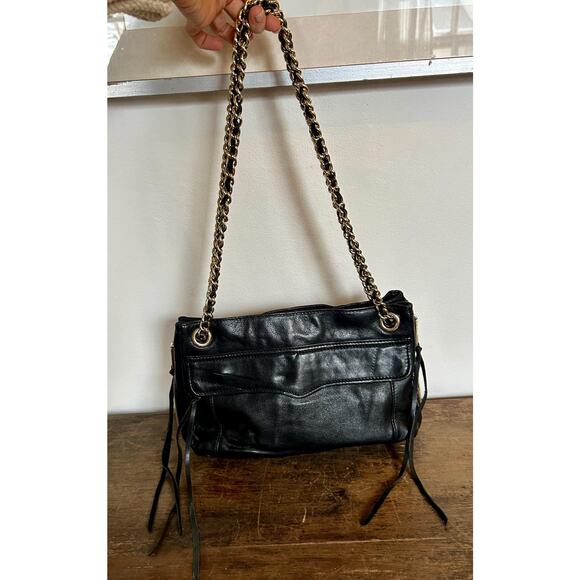 Y2K Rebecca Minkoff Black Leather Shoulder Bag with Gold Chain and Zipper Detail - Picture 6 of 13